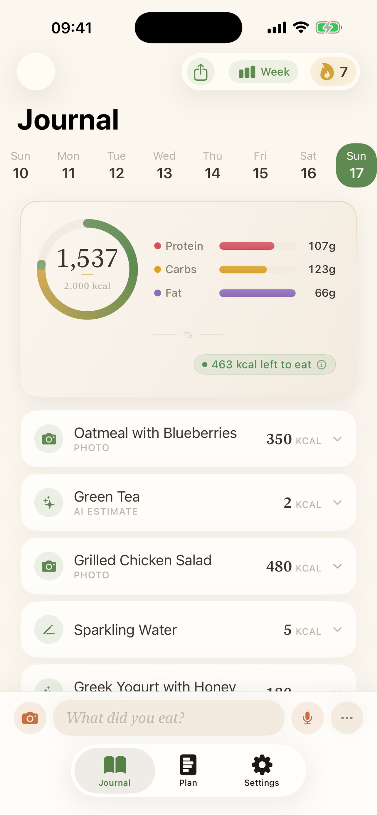 Kalea Journal screen showing a calorie ring at 1,537 of 2,000 kcal with protein, carbs, and fat macros and a list of logged meals.