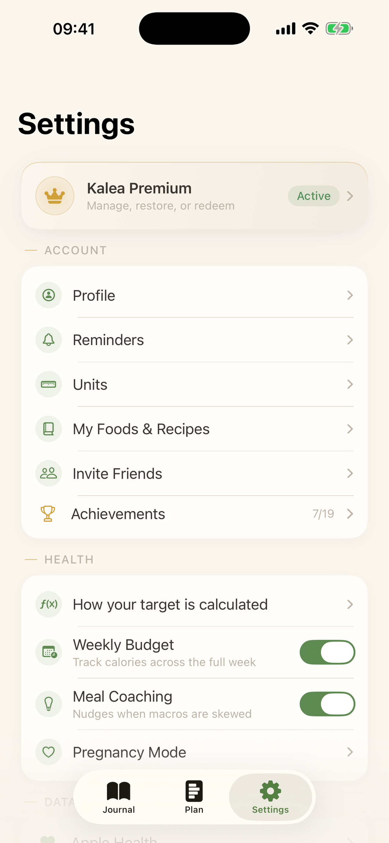 Kalea Settings screen showing account, health and data rows including Health Connect sync.